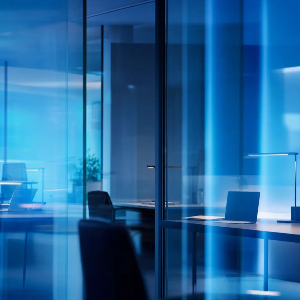 Abstract layered glass and blue panels