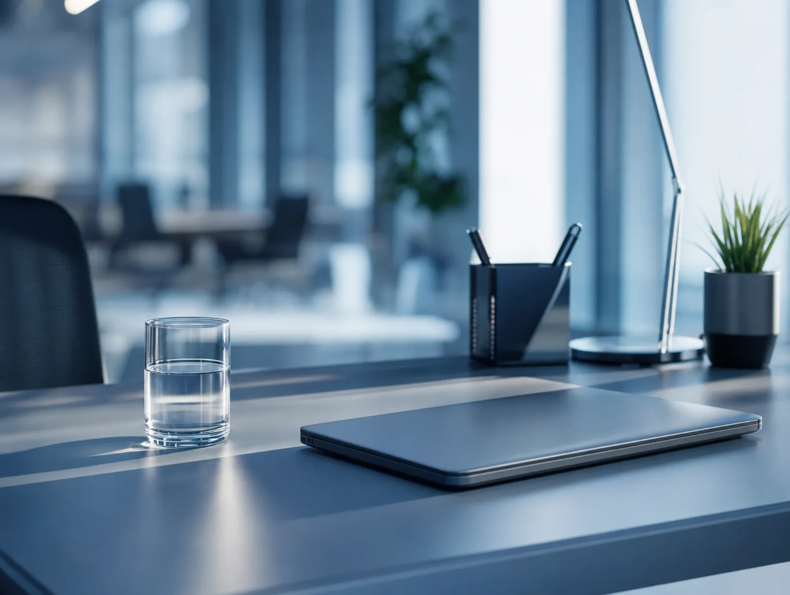 Clean modern desk with a closed laptop, cool blue-hour light