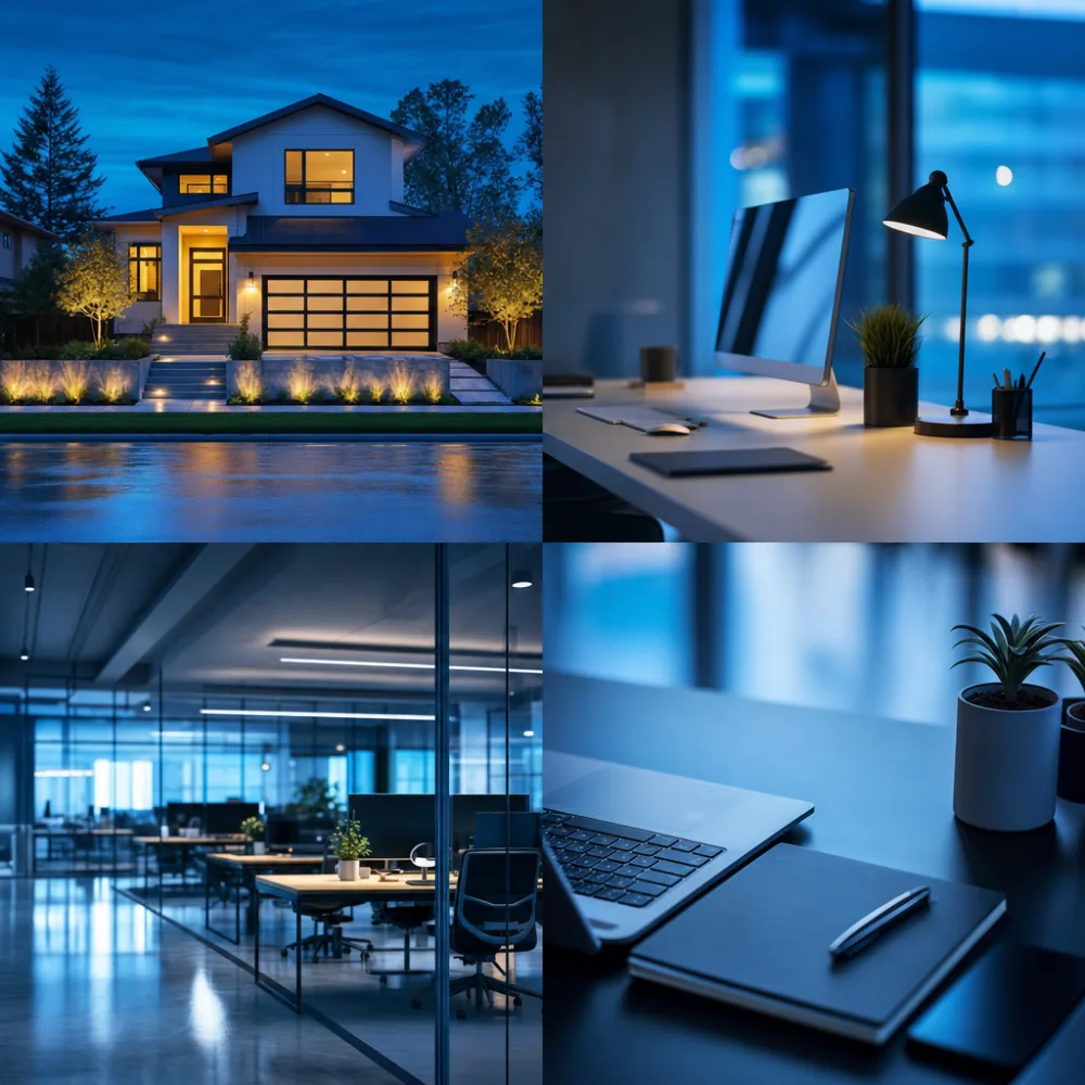 Modern home exterior at dusk, representing home and renters coverage